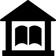 Graphic Icon of library. Black square with triangle roof, white square in middle with black book inside it.
